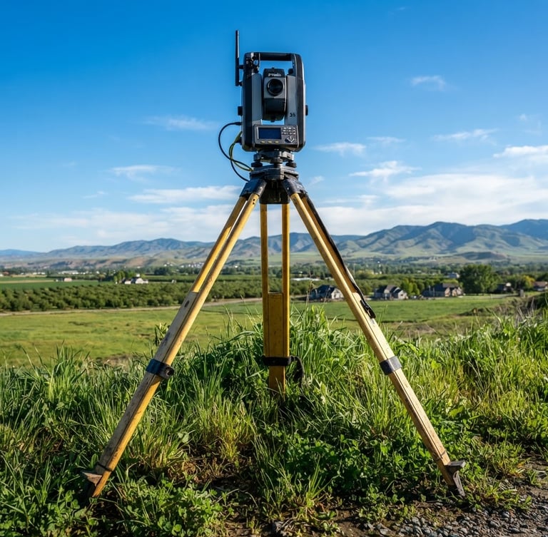Low-angle sharp outdoor photography of a high-tech robotic total station surveyor tripod set on green Treasure Valley soil, crisp morning daylight, high-contrast natural tones, 35mm lens.