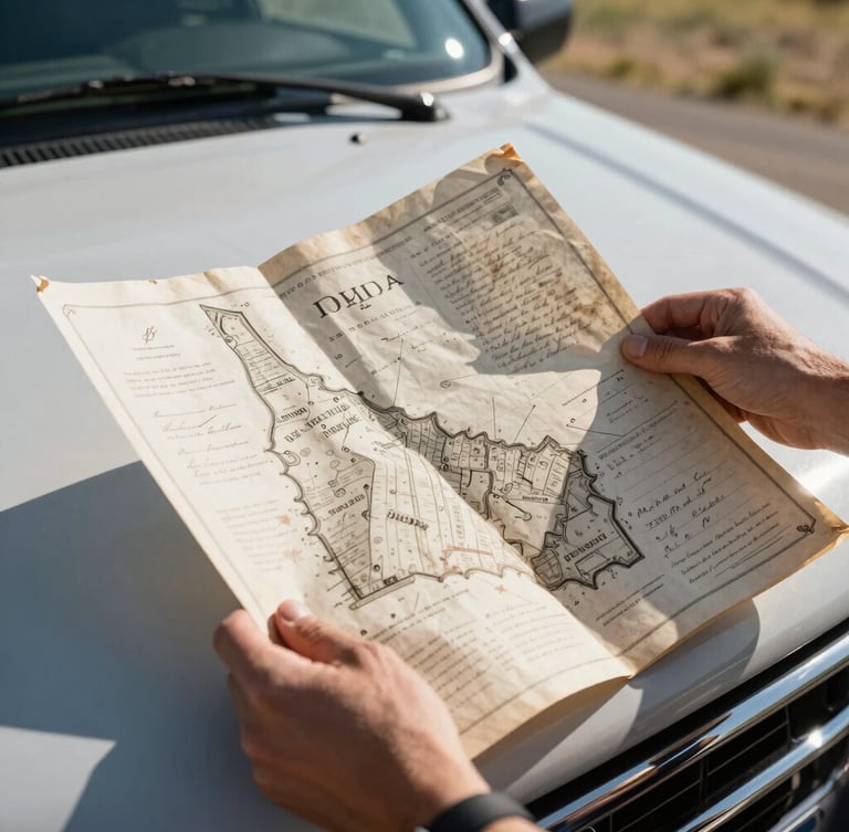 A close-up shot of hands holding a worn, historic Idaho land deed blueprint over a truck hood, high-contrast late afternoon sun, crisp details