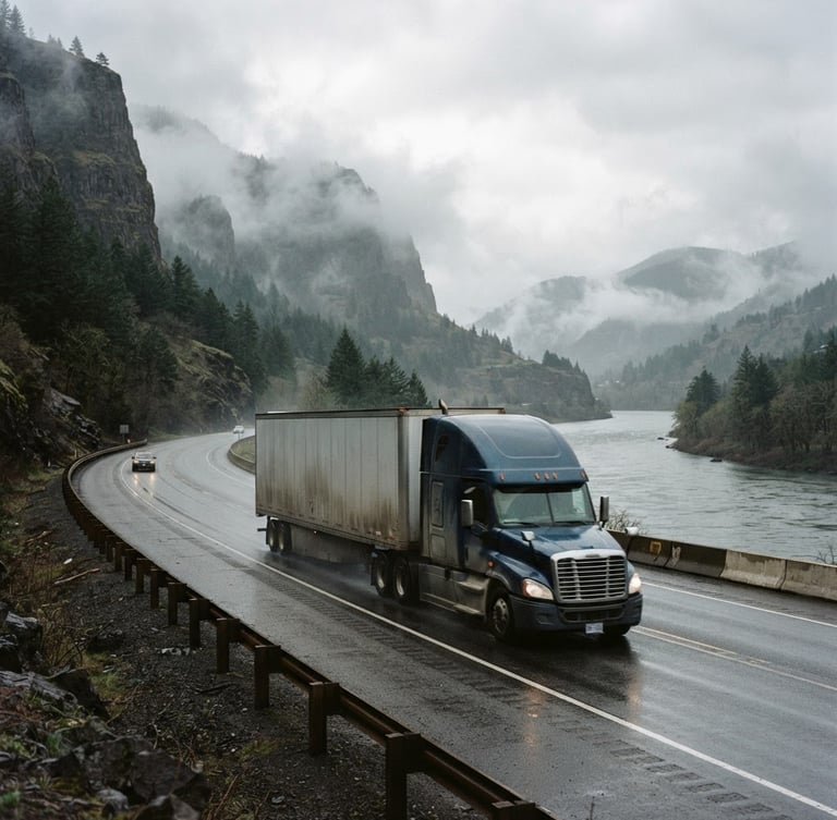 Wide environmental shot of a commercial semi-truck hauling freight along a misty Columbia River Gorge highway, overcast natural daylight, desaturated industrial tones, 35mm lens.