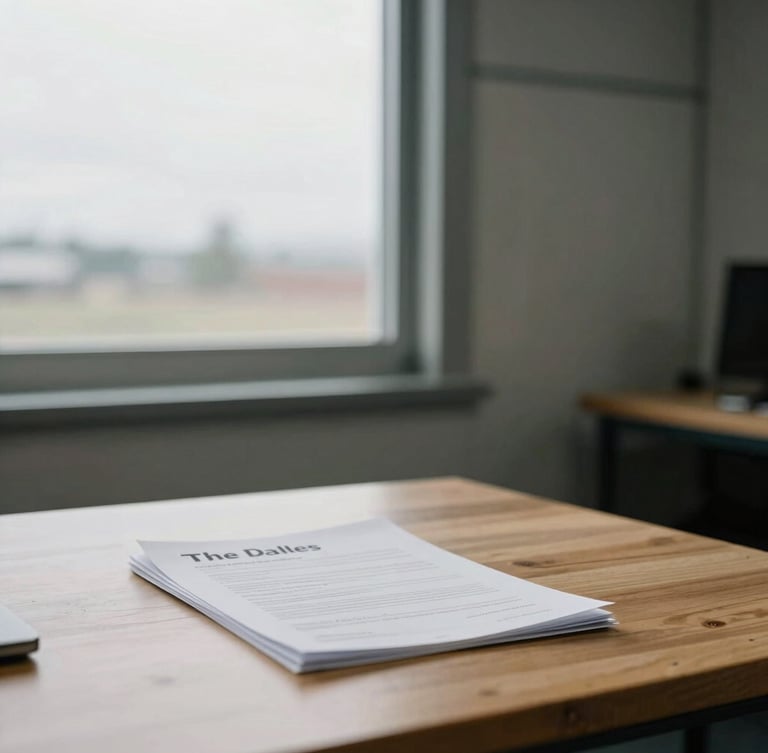 A professional office environment in The Dalles, Oregon, featuring desaturated industrial tones, natural overcast light coming through a window, and transport documents on a clean wooden desk.