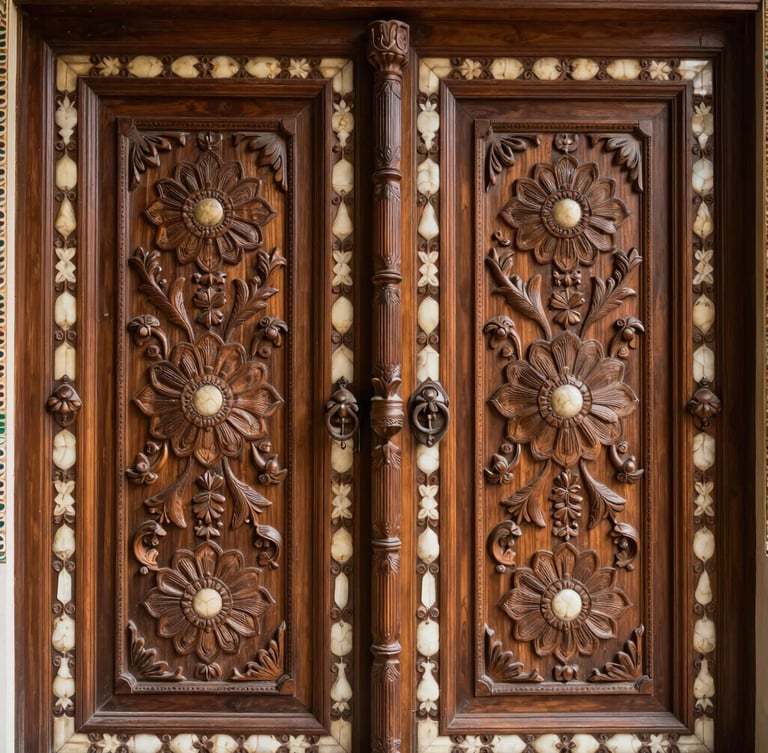 Intimate close-up of hand-carved rosewood doors with ivory inlays inside Mysore Palace, soft side lighting highlighting the craftsmanship