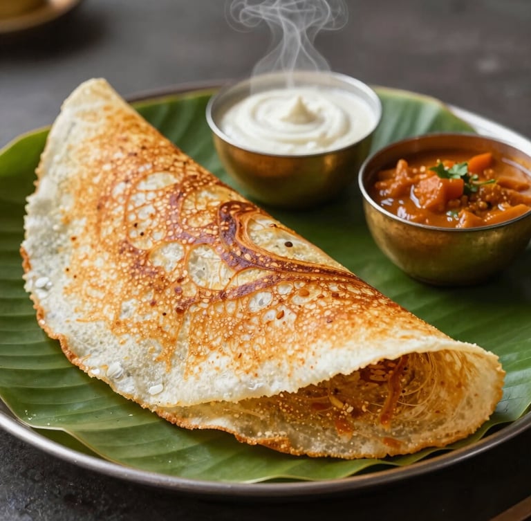 A close-up of a golden, crispy Mysore Masala Dosa on a fresh green banana leaf, steam rising gently, with small brass bowls of white coconut chutney and red sambar beside it, soft side morning light.