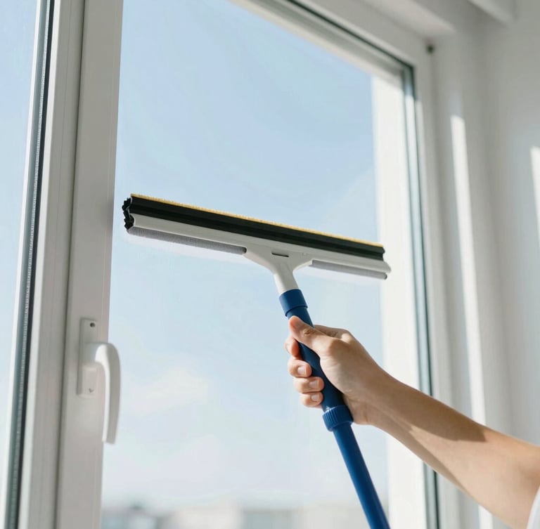 Professional squeegee cleaning a bright window with daylight streaming through, sharp focus, fresh blue tones, 35mm