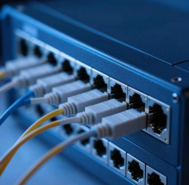 Close-up of network hardware and fiber optic switches, cool-toned studio lighting, subtle blue backlighting, sharp focus, macro details