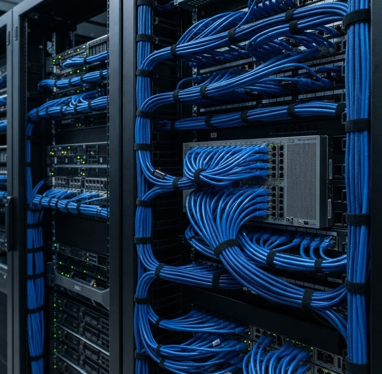 Macro photograph of clean server racks with neat blue cabling in a secure data center, cool studio lighting, sharp focus, 35mm