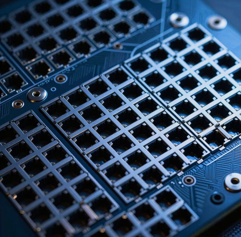 High-angle structural grid of modern network switch hardware, cool studio lighting, deep navy tones, sharp focus on technical ports.