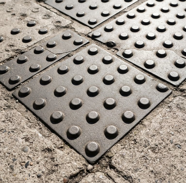 Macro detail of tactile paving on a concrete floor under sharp daylight, geometric architectural lines, high contrast.
