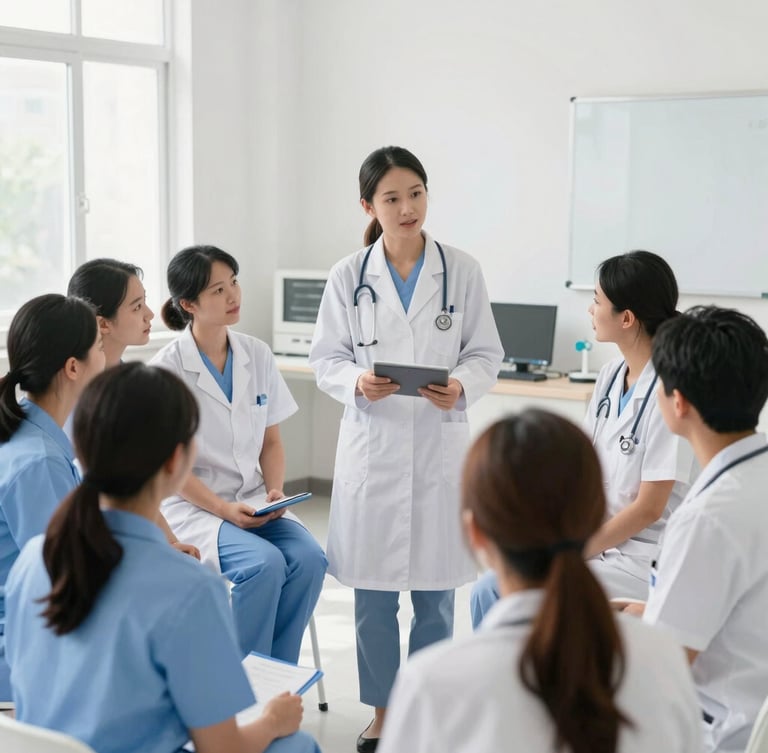 A clean clinical environment with a health educator showing a digital module to a small group of attentive community health workers, bright natural daylight, crisp clinical tones.