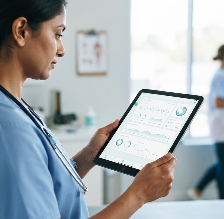 A close-up of a tablet displaying a clean medical interface held by a health worker in a brightly lit, clean community clinic, natural daylight, sharp focus, 35mm lens.