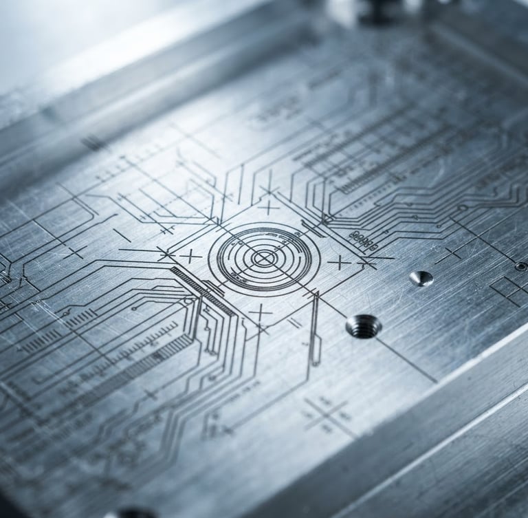 Macro shot of a brushed aluminum component with precise laser-etched technical guidelines under high-contrast cool studio lighting.