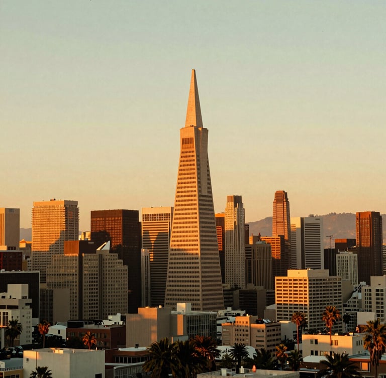 Saturated warm retro film photo of San Francisco skyline at golden hour, Transamerica tower prominent, warm orange glow, 35mm style.