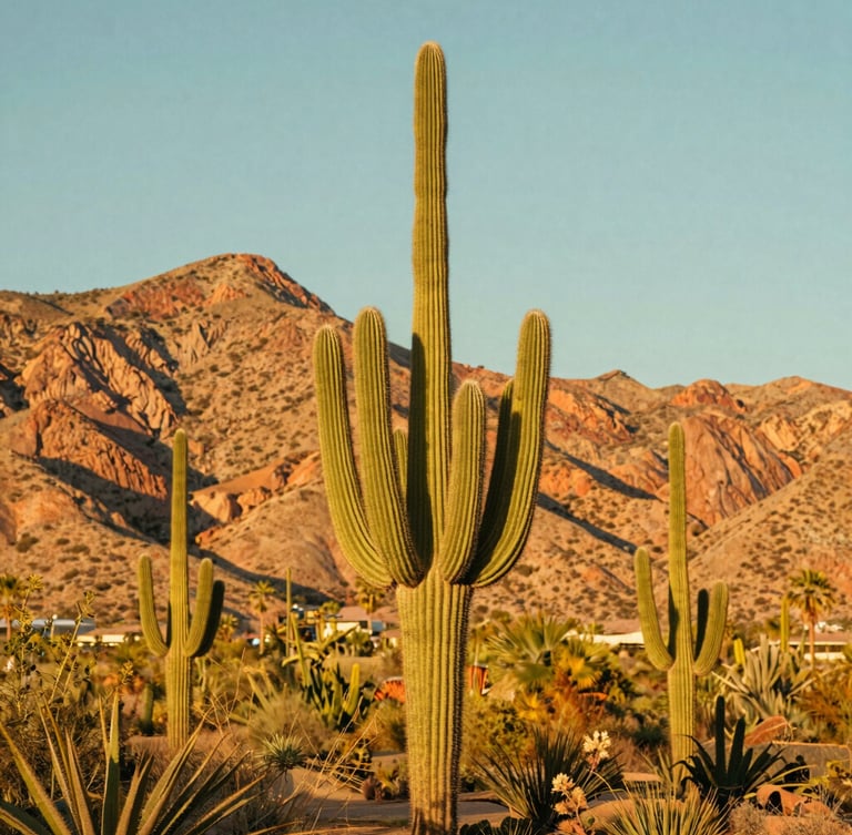 Saguaro cacti standing tall against a warm terracotta mountain backdrop in Phoenix, bright golden hour light, vintage retro film look.