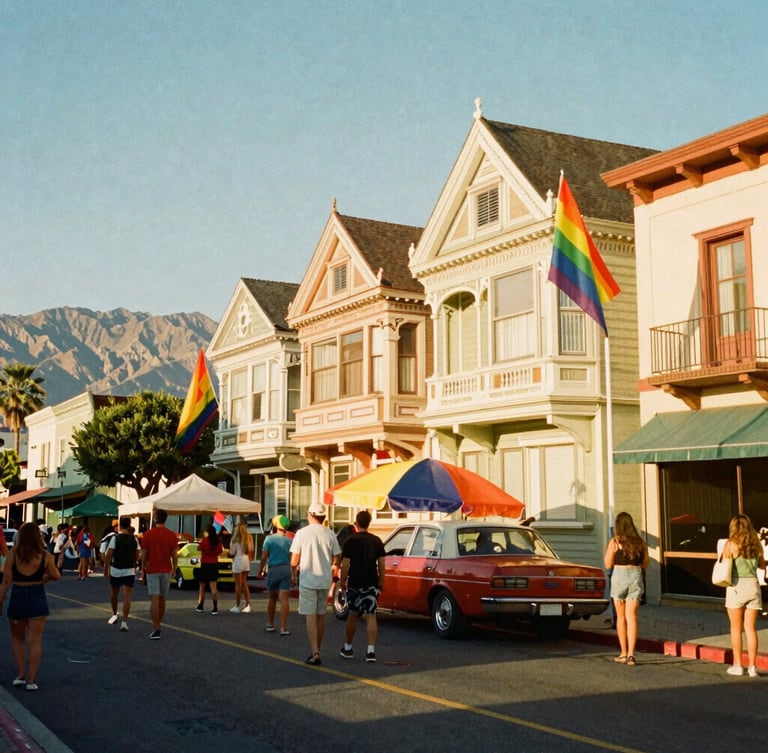 A vibrant retro 35mm film shot of a colorful street festival in the Castro, rainbow flags fluttering against mid-century Victorian facades, warm golden sunlight.