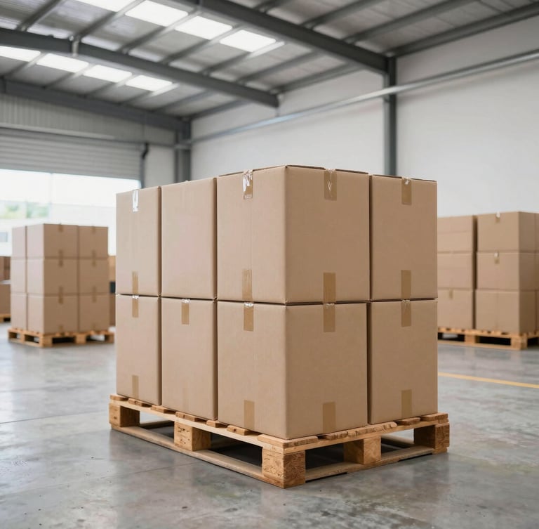 Crisp commercial photography of a bright modern wholesale warehouse in Costa Rica, large cardboard boxes and stacked pallets on clean concrete floor, natural daylight, wide angle.
