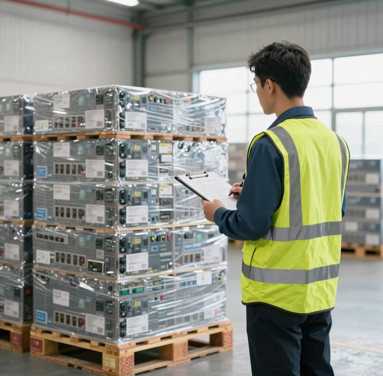 A logistics manager in a safety vest inspecting a neatly stacked pallet of electronics in a bright warehouse, holding a clipboard, professional commercial photography.