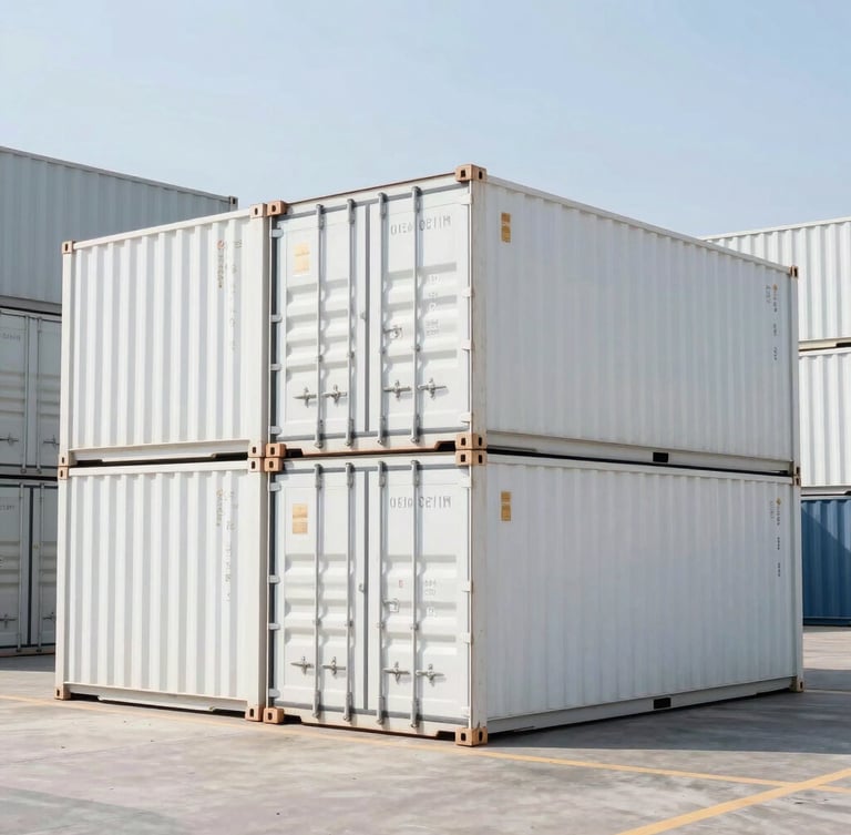 Wide angle shot of pristine shipping containers stacked in a modern warehouse, bright daylight, 35mm lens