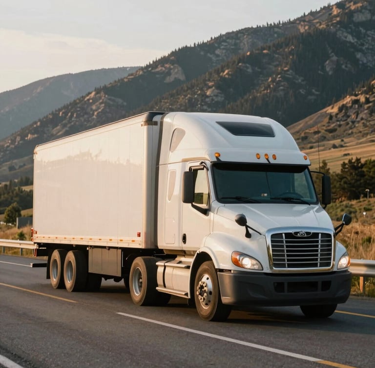 A clean, modern heavy-duty semi-truck with a refrigerated trailer driving on a scenic highway through the mountains of Idaho, crisp morning daylight, warm editorial photography, 35mm film look.