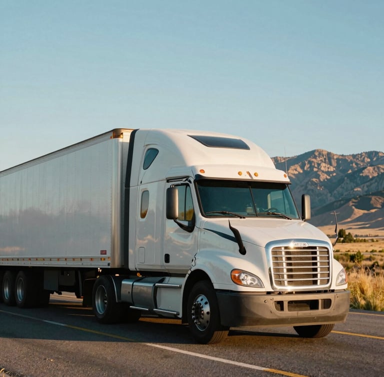 Low-angle heroic shot of a clean modern semi-truck on Interstate 15 in Idaho, crisp morning daylight, mountains in the background, 35mm film look