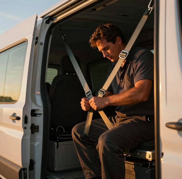 Close-up of secure cargo tie-downs inside a clean dry van trailer, warm golden-hour light streaming in, professional driver adjusting a strap