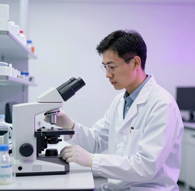 Bright clinical photography of a professional laboratory technician in a clean modern lab with soft purple ambient highlights, medium shot, sharp depth of field