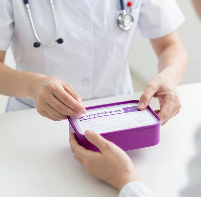 A professional healthcare worker gently preparing a home blood collection kit, bright clinical photography, clean high-key white light, soft magenta accents, reassuring atmosphere.