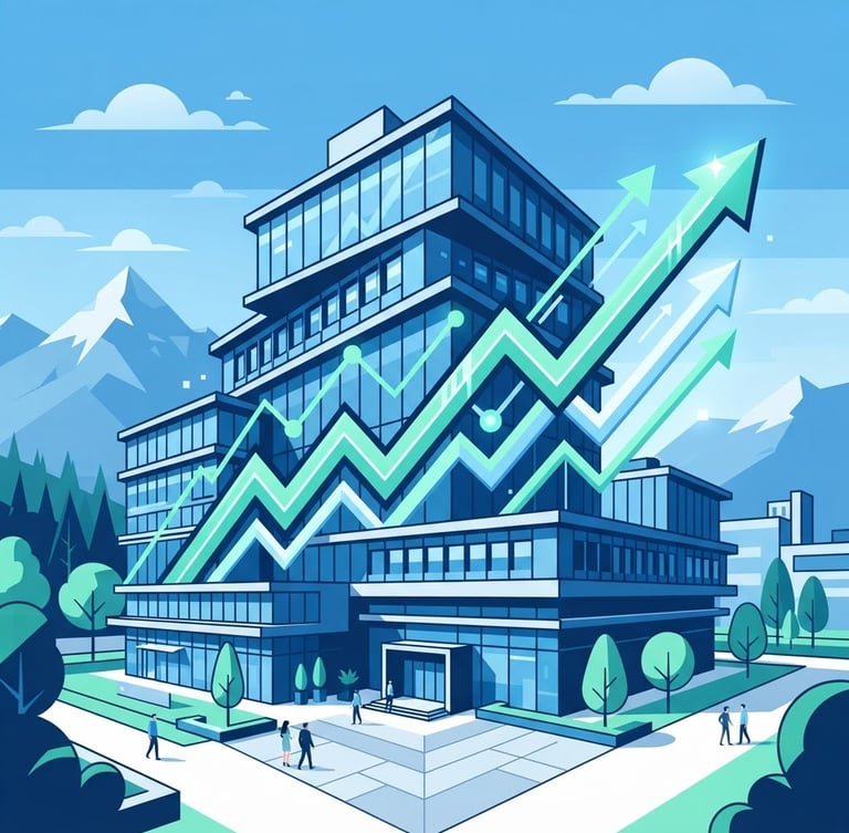 Flat vector illustration of a modern Swiss office building with a rising financial growth chart in corporate blue and mint accents, clean geometric lines, high-trust fintech aesthetic.
