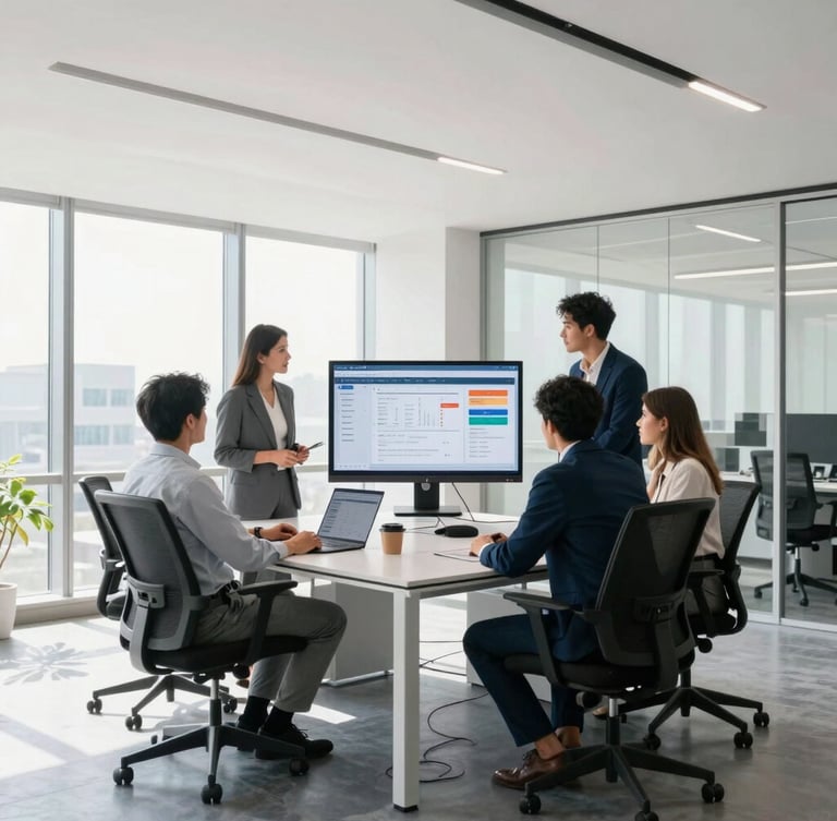A clean, bright modern office workspace with a small team collaborating around a screen showing a dashboard, natural daylight