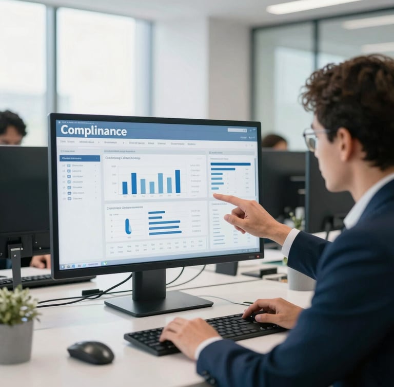 A clean corporate office workspace with bright natural daylight, a professional team member reviewing a compliance dashboard on a screen, cool slate tones.