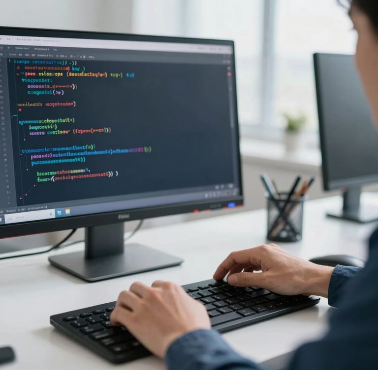 Close-up of a professional developer analyzing secure code on a clean monitor, soft natural office lighting, sharp focus on hands, professional slate and navy workspace aesthetic.