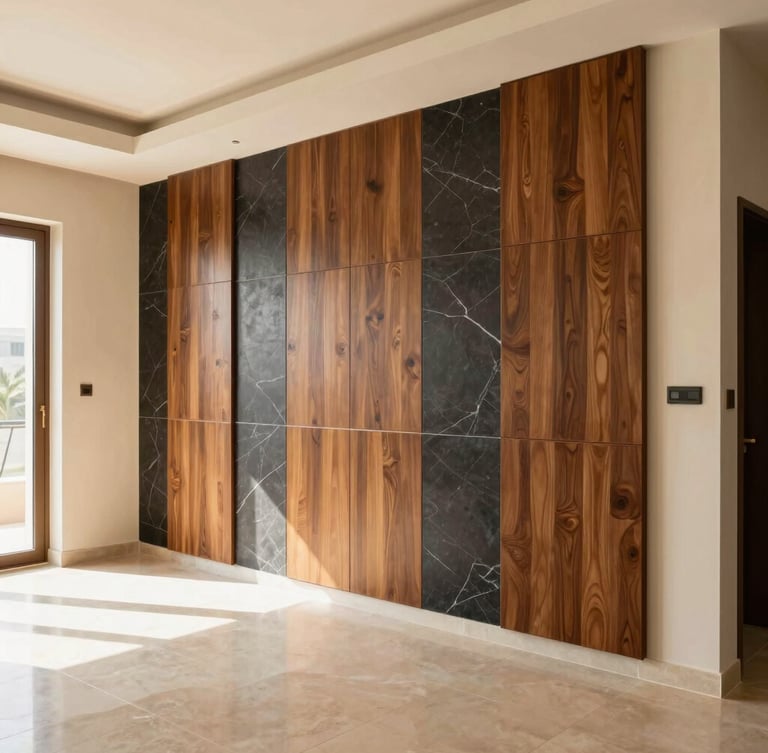 Architectural interior photography of a modern Saudi living room, bright natural daylight, warm sand and charcoal tones, sharp details, plaster walls, luxury custom wooden panels, 35mm