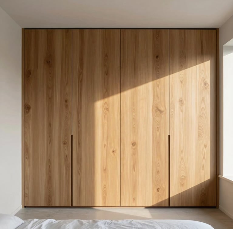 Architectural photography of a luxurious minimalist bedroom with custom oak wood wall paneling and integrated wardrobe, warm golden hour sunlight, sharp detail, 35mm