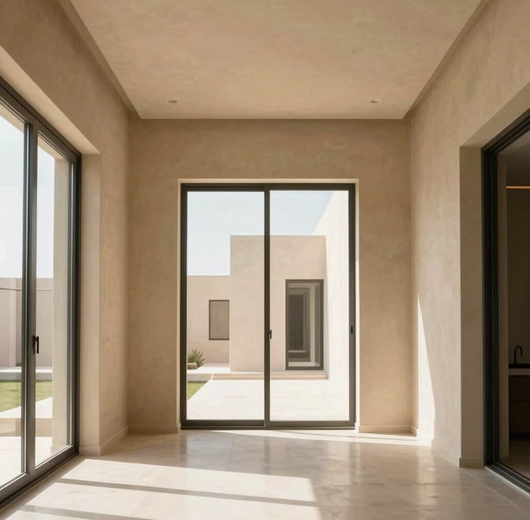 Straight-on architectural photograph of a modern Saudi villa interior, bright natural daylight flooding through large windows, highlighting clean plaster walls and sharp geometric lines, warm sand and charcoal tones, 35mm.