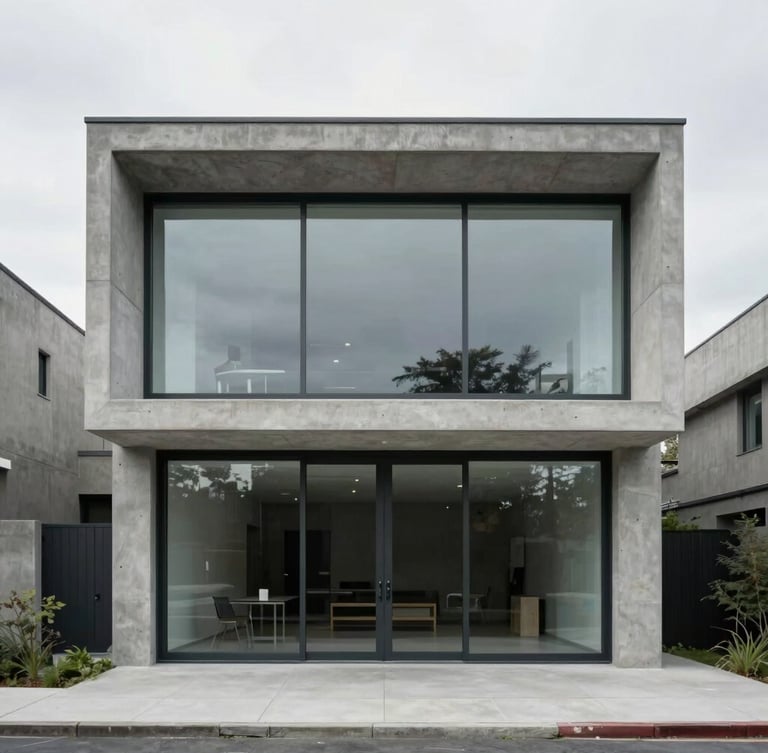 Straight-on architectural elevation of a concrete and glass minimalist house, soft overcast daylight, desaturated cool tones, 35mm lens, sharp focus