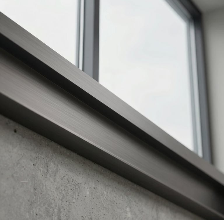Close-up of premium architectural materials, raw concrete meeting dark brushed metal and glass, soft overcast natural light, desaturated tones, architectural detail.