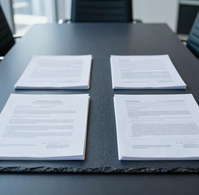 Symmetrical close-up of high-quality legal documents on a dark slate boardroom table, cool daylight, sharp focus on structured corporate papers