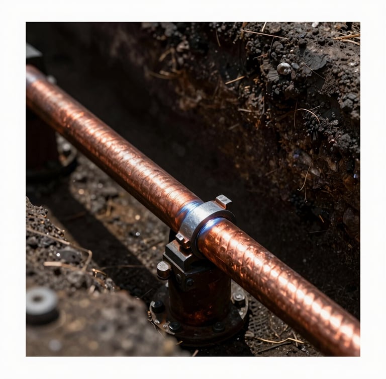Macro photograph of a heavy copper grounding conductor being exothermically welded in a deep trench, high-contrast overcast daylight, sharp focus, technical blueprint aesthetic.
