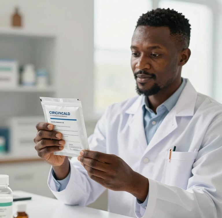 A professional Ghanaian pharmacist in a clean, well-lit clinical setting, holding certified medical packaging, bright natural daylight, soft and reassuring, shallow depth of field