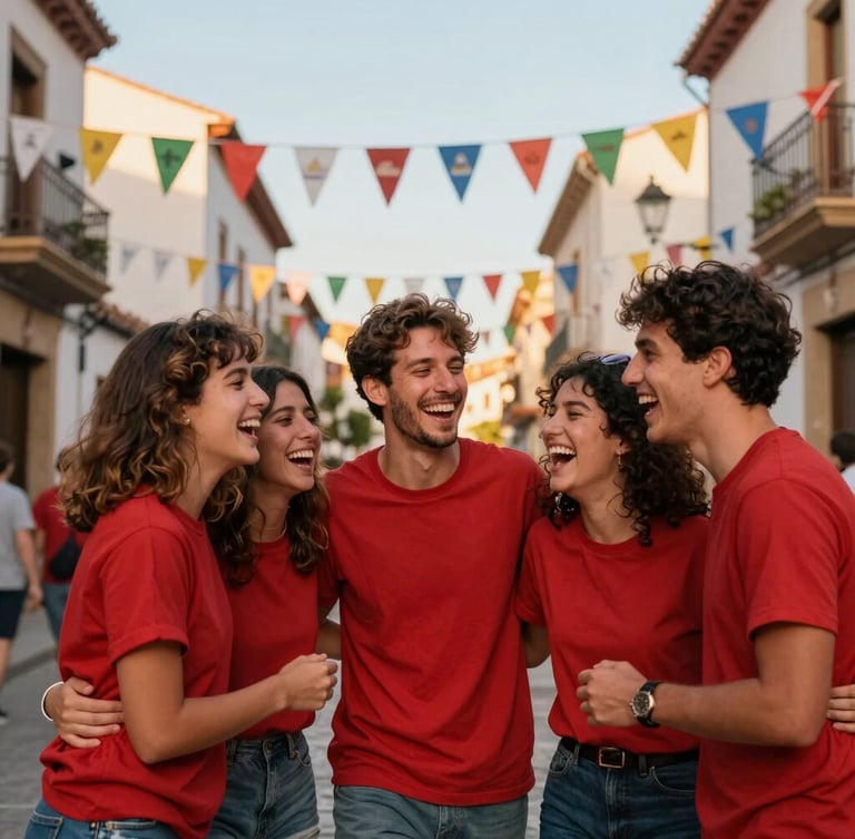 A group of cheerful friends in matching red t-shirts laughing and hugging in a sunny Spanish street decorated with festive banners, warm golden hour light.