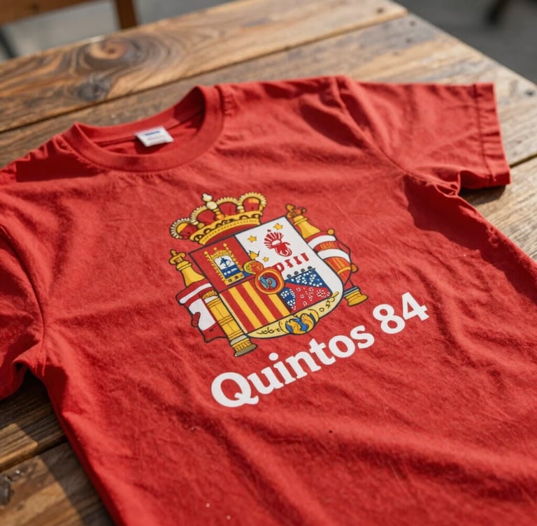Close up of a screen-printed red cotton festival t-shirt with a custom graphic of a traditional Spanish town crest and 'Quintos 84' text, lying on a rustic wooden table, outdoor daylight