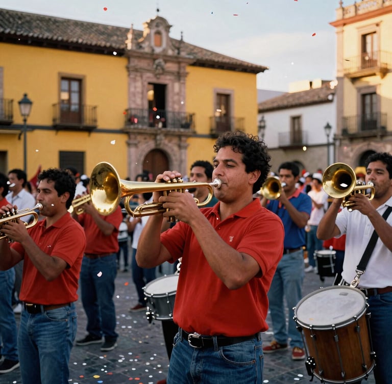A lively street band with brass instruments, trumpets and drums, playing in a crowded historic Spanish town square, confetti in the air, rich saturated colors.