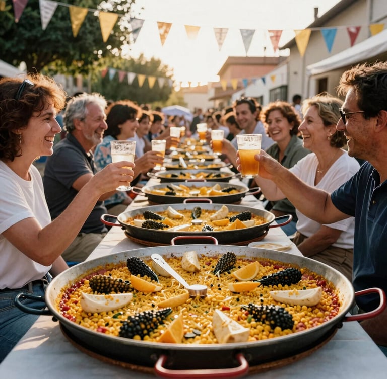 A long community table filled with large pans of paella, people laughing and raising glasses under outdoor festival flags, warm sunlight, 35mm film look.
