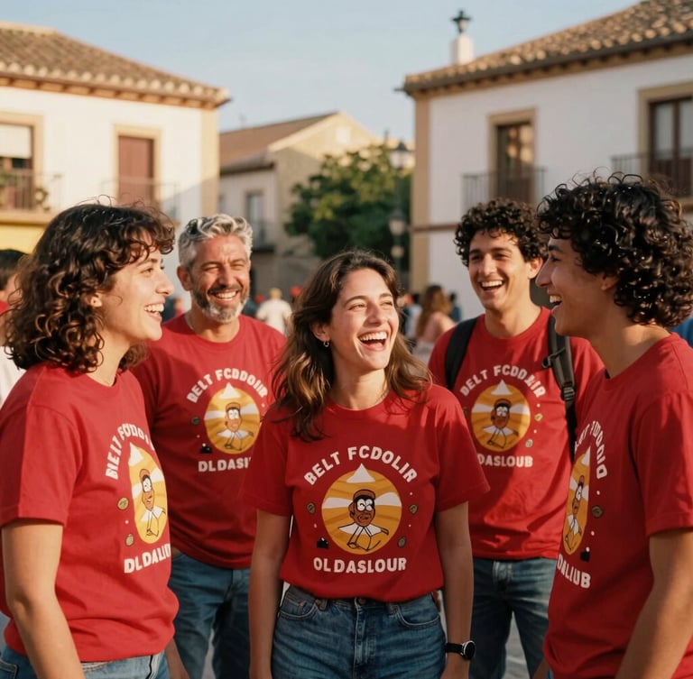A vibrant group of Spanish friends in their late 30s laughing together in a sunny town square, wearing matching red festival t-shirts, warm golden hour light, 35mm film style
