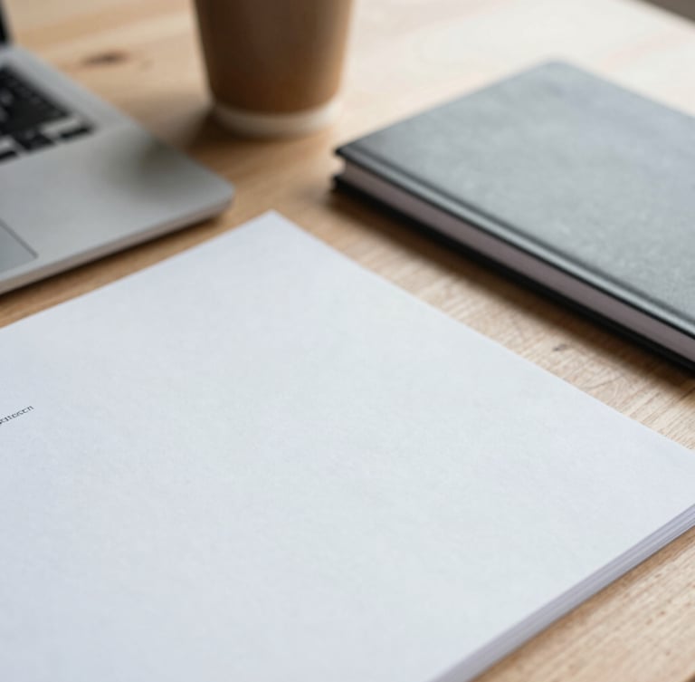 Close-up of a wooden desk with research papers, a modern notebook, and a coffee cup in soft morning light, minimalist academic aesthetic