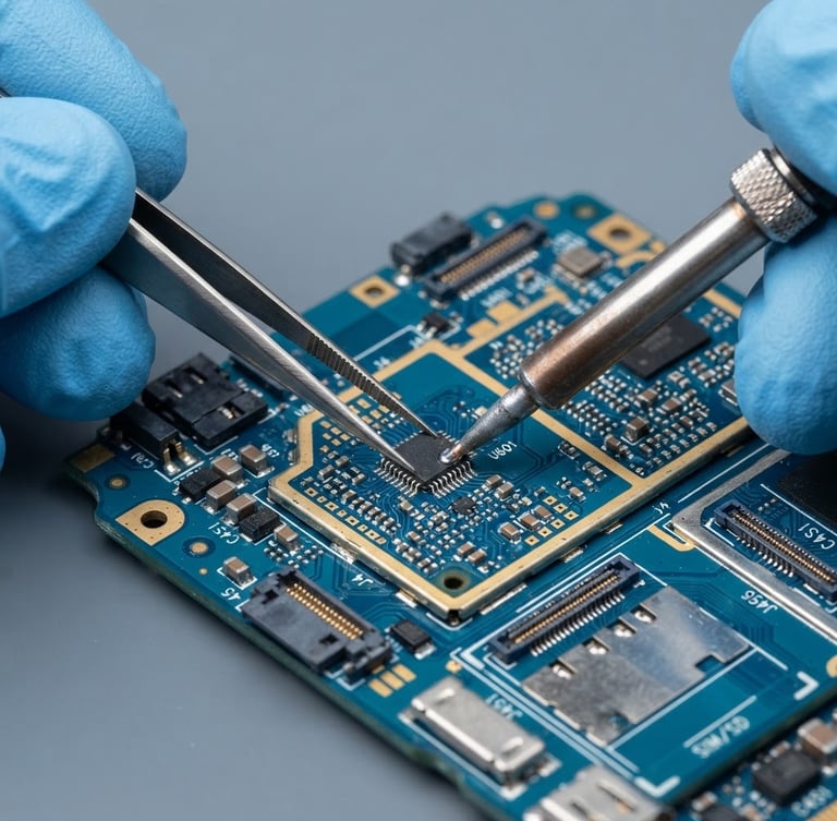 Extreme close-up macro shot of professional hands using fine tweezers under a microscope to solder a tiny chip onto a blue smartphone motherboard, bright high-key studio light, clean slate gray background.