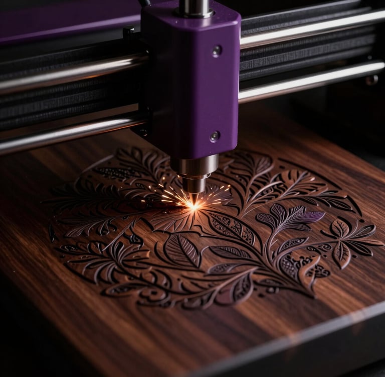 Moody studio photography of a laser engraver etching intricate botanical patterns onto dark walnut wood, dramatic low-key side-lighting, sparks catching the light, rich plum tones, macro lens, shallow depth of field