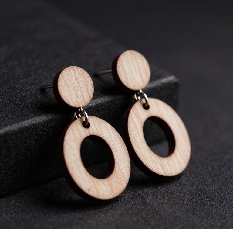 moody studio photography, dramatic low-key side-lighting, macro shot of laser-cut wood earrings catching light, rich plum accents and deep charcoal background