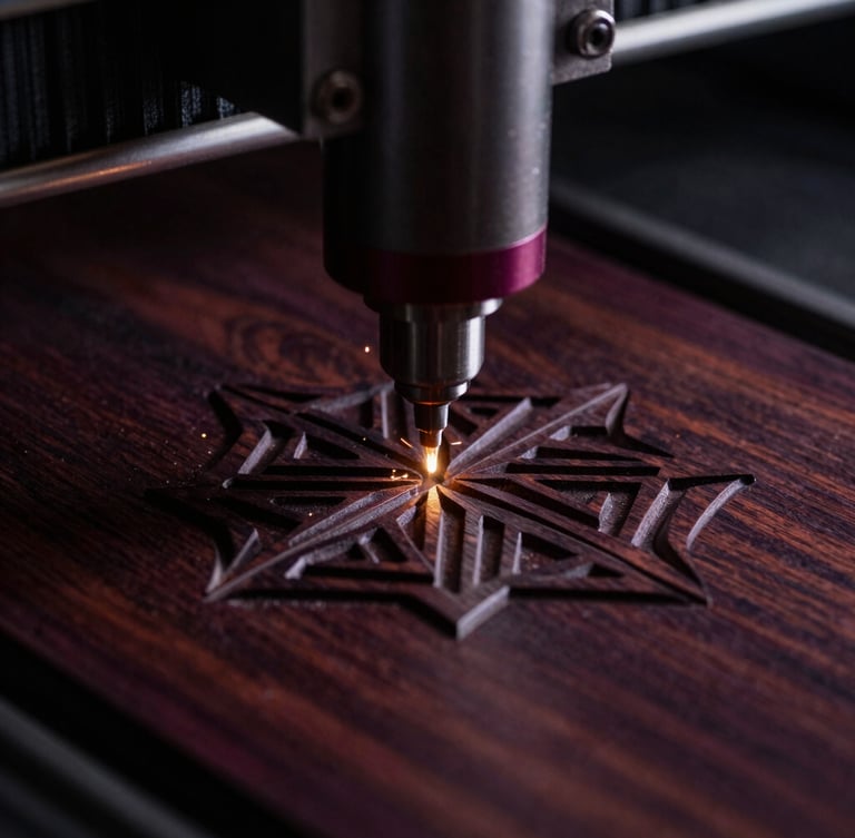 Macro shot of a high-precision laser cutting intricate geometric patterns into dark cherry hardwood, tiny sparks catching the light, moody low-key studio lighting, shallow depth of field.