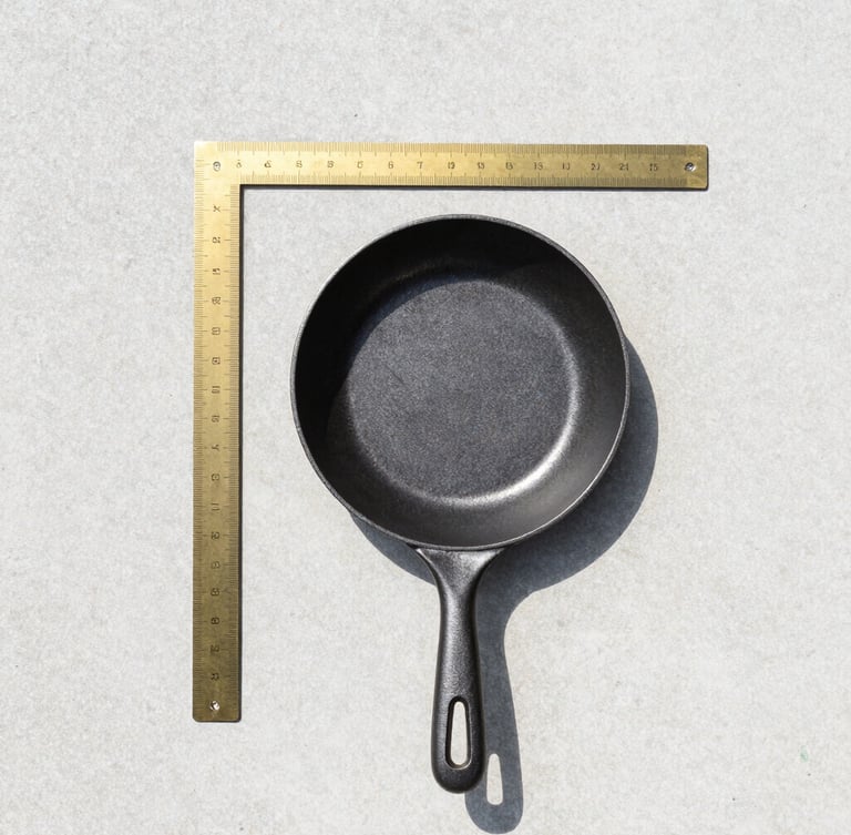 Orthographic top-down view of a single heavy brass ruler and a matte black cast-iron pan arranged geometrically on a flat concrete surface, bright high-key daylight, crisp short shadows