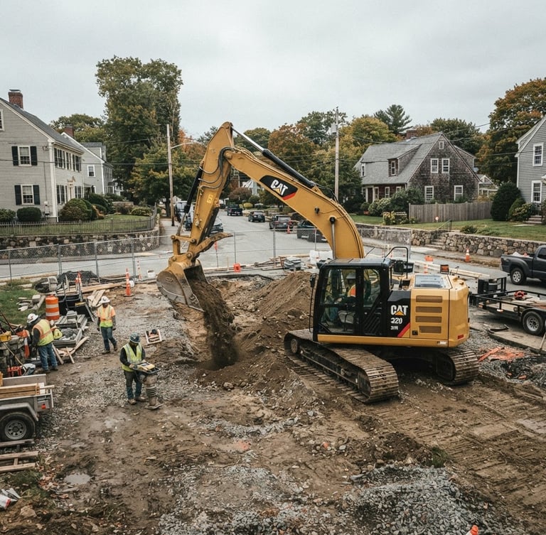 Wide shot of a clean, well-maintained excavator on an active but organized New England job site under overcast daylight, with a residential property in the background, desaturated industrial tones, sharp focus.