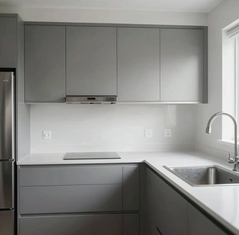 Crisp portrait shot of a clean, modern residential kitchen interior under bright natural light, showing stainless steel appliances and tidy countertops, no people, sharp focus, desaturated industrial tones.